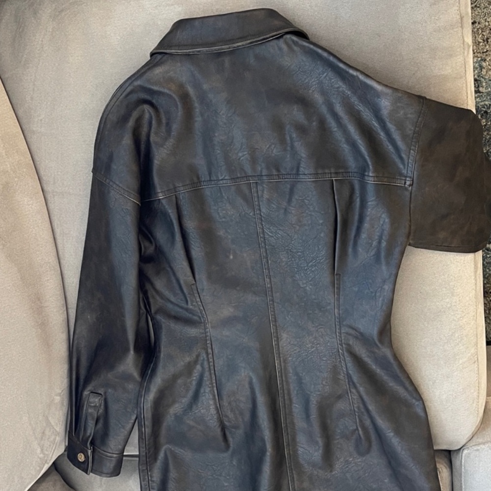 NWOT ZARA Dark Brown Faux Leather Gold Button Mini Dress Size Medium - Picture 8 of 9
